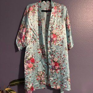Blue Silky Satin Floral Robe